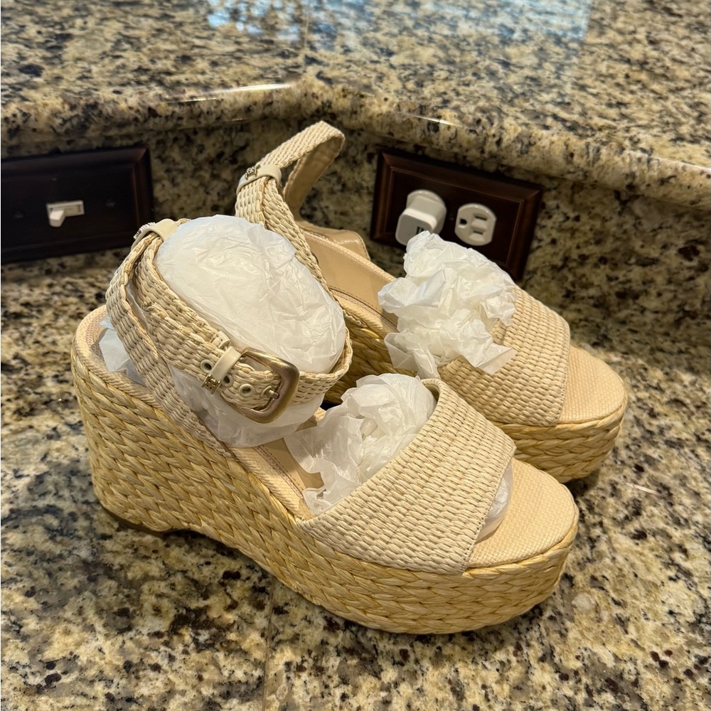 New Sam Edelman Woven Platform Wedge Sandals - Beige